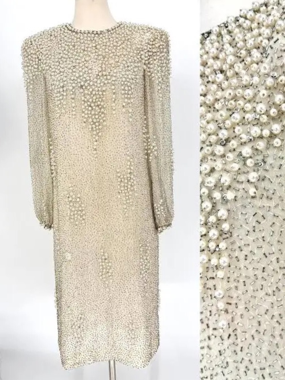 1980’s vintage dynasty era faux pearl beaded midi long sleeved dress size M